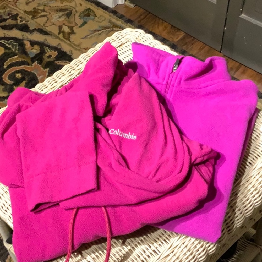 Two pink fleece sweaters. Columbia, champion